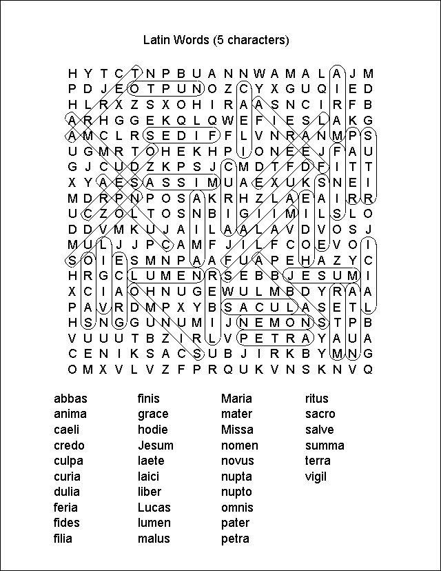 MyCatholicSource Word Search Answer Key Latin Words 5 Characters 