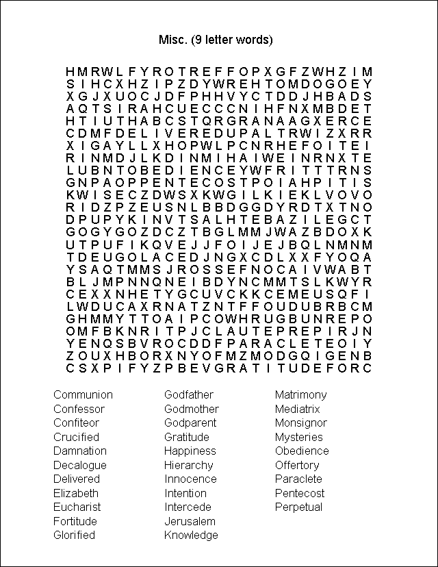 MyCatholicSource Word Search Misc 9 Letter Words 