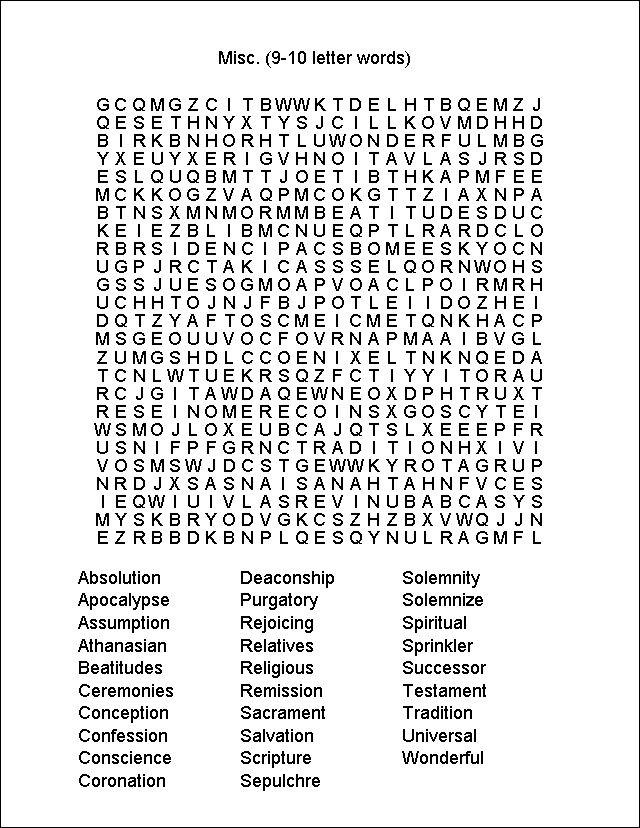 MyCatholicSource.com™ Word Search: Misc. (9-10 letter words)
