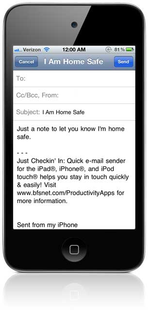 Just Checkin In' App: Sample e-mail generated with a single button press