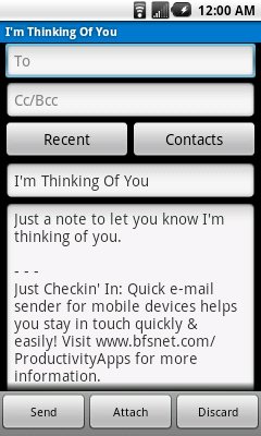 Just Checkin In' App: Sample e-mail generated with a single button press