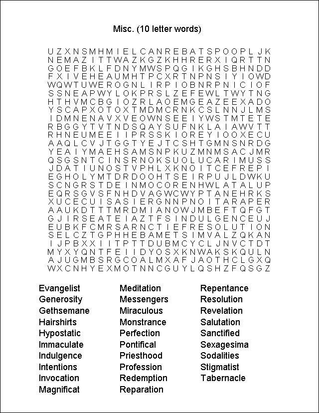 MyCatholicSource Word Search Misc 10 Letter Words 