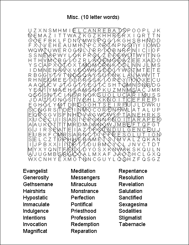 MyCatholicSource Word Search Answer Key Misc 10 Letter Words 