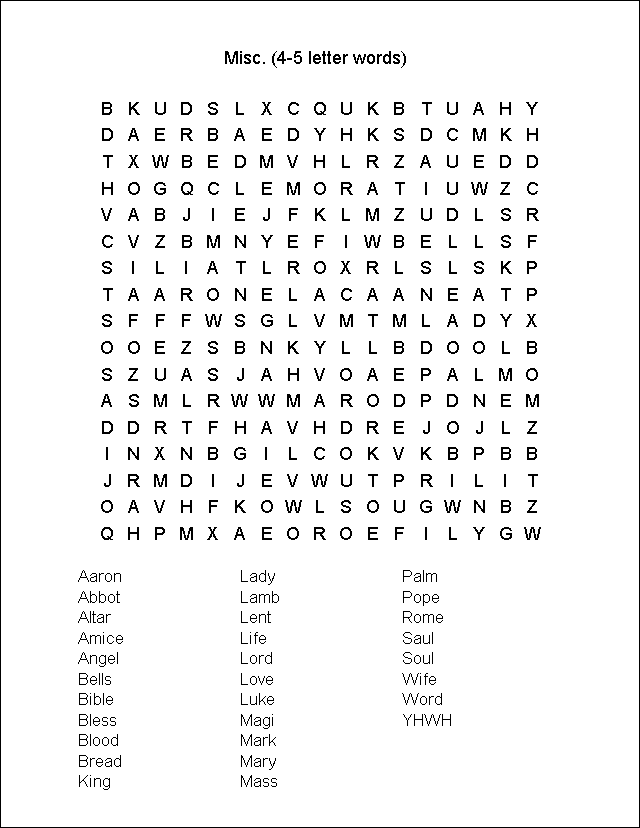 MyCatholicSource Word Search Misc 4 5 Letter Words 